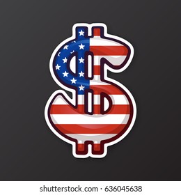 Vector illustration. Sign of American dollar in national flag colors with two vertical lines. Symbol of world currencies. Sticker in cartoon style with contour. For patches, prints for clothes, badges