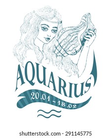 Vector illustration of the sign of Aquarius, or the girl with seashells and letters