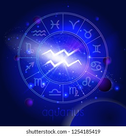 Vector illustration of sign AQUARIUS  with Horoscope circle against the space background with planets and stars. Sacred symbols in blue colors.
