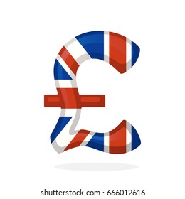 Vector illustration. Sign of British pound in national flag colors. Symbol of world currencies. Decoration for menus, signboards, showcases, posters, wallpapers and interfaces