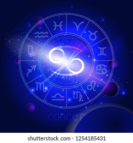 Vector illustration of sign CANCER with Horoscope circle against the space background with planets and stars. Sacred symbols in blue colors.