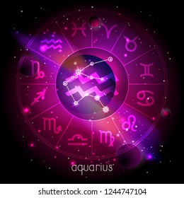 Vector illustration of sign and constellation AQUARIUS with Horoscope circle against the space background with planets and stars. Sacred symbols in red and purple colors.