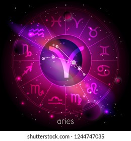 Vector illustration of sign and constellation ARIES with Horoscope circle against the space background with planets and stars. Sacred symbols in red and purple colors.