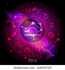 Vector illustration of sign and constellation LIBRA with Horoscope circle against the space background with planets and stars. Sacred symbols in red and purple colors.