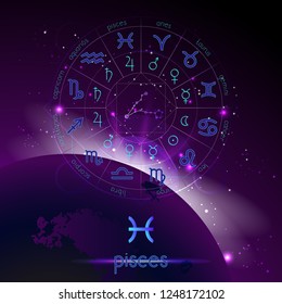 Vector illustration of sign and constellation PISCES and Horoscope circle with astrology pictograms against the space background with sunrise. Sacred symbols in blue and purple colors.