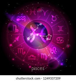Vector illustration of sign and constellation PISCES with Horoscope circle against the space background with planets and stars. Sacred symbols in red and purple colors.
