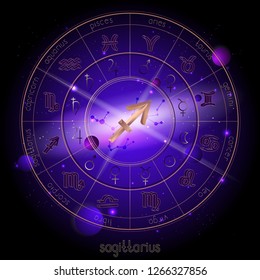 Vector illustration of sign and constellation SAGITTARIUS and Horoscope circle with astrology pictograms against the space background with planets and stars. Sacred symbols in gold and purple colors.