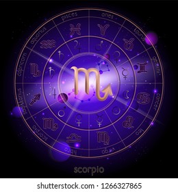Vector illustration of sign and constellation SCORPIO and Horoscope circle with astrology pictograms against the space background with planets and stars. Sacred symbols in gold and purple colors.