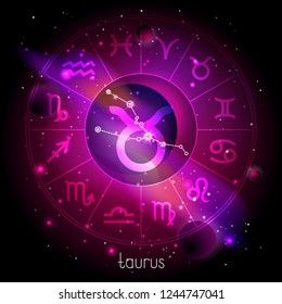Vector illustration of sign and constellation TAURUS with Horoscope circle against the space background with planets and stars. Sacred symbols in red and purple colors.