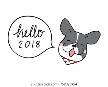 Vector illustration sign design head of dog and word hello 2018 in speech bubble for New year.Doodle cartoon style.