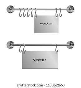 Vector illustration of sign emblem invitations hanging on the rails for kitchen or bathroom realistic drawing 3D design Hook Steel metal, hanger objects in kitchen
