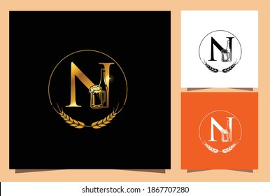 A vector Illustration Sign of Gold Glass and Bottle Beer Monogram Initial Letter N in black Background with Golden Shine Effect