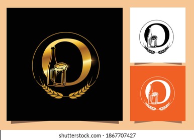 A Vector Illustration sign of Gold Glass and Bottle Beer Monogram Initial Letter O in black background with golden Shine effect