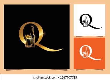 A Vector Illustration sign of Gold Glass and Bottle Beer Monogram Initial Letter Q in black background with golden shine 