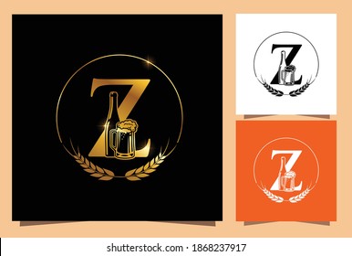 A Vector Illustration Sign of Gold Glass and Bottle Beer Monogram Sign Letter Z in black background with Golden Shine Effect