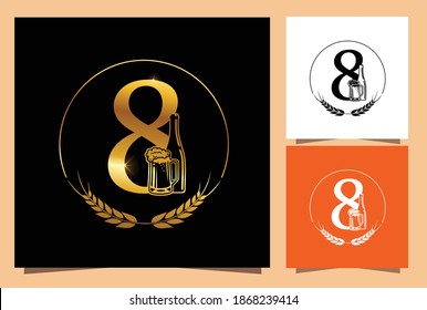 A Vector Illustration Sign of Gold Glass and Bottle Beer Numeric 8 in black background with Golden Shine Effect