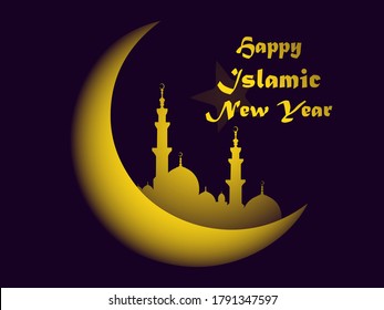 vector illustration sign Happy Islamic New year religious symbol moon and start and mosque islam celebration pattern golden yellow and dark colors design greeting card