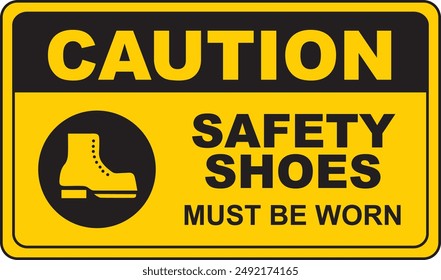 A vector illustration of the sign indicates caution: safety shoes must be worn with a black and yellow background.