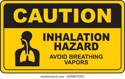 A vector illustration sign indicates an inhalation hazard; avoid breathing vapors with a black and yellow background.