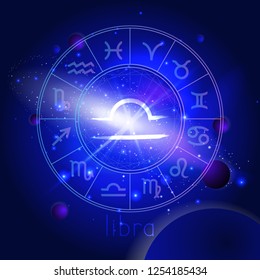 Vector illustration of sign LIBRA with Horoscope circle against the space background with planets and stars. Sacred symbols in blue colors.