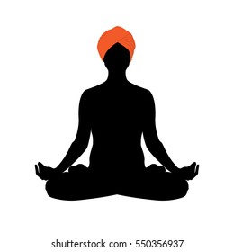 Vector Illustration The Sign Of A Man Silhouette Meditating In Orange Turban. Practicing Yoga. Yoga Lotus Pose, Women Wellness Concept.