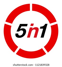 Vector Illustration Sign Numbers "five in one" Isolated on White background. Figures 5 in 1 icon of black and red color. Vector banner with five and one numeral
