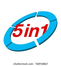 Vector Illustration Sign Numbers "five in one" Isolated on White background. Figures 5 in 1 icon of red and blue colors. Vector banner with five and one numeral