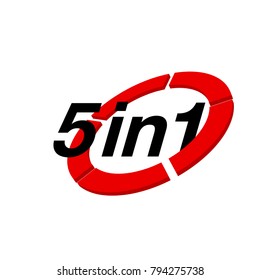 Vector Illustration Sign Numbers "five in one" Isolated on White background. Figures 5 in 1 icon of black and red color. Vector banner with five and one numeral