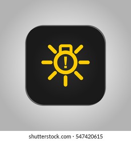 Vector illustration of a sign on the car dashboard on a gray background. The icon indicates a malfunction of outdoor lighting. Button design.
