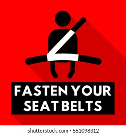 Vector illustration of a sign on the car dashboard on red background. Illustration of warning: Fasten your seat belts.