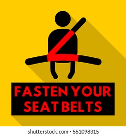 Vector illustration of a sign on the car dashboard on yellow background. Illustration of warning: Fasten your seat belts.