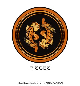 vector illustration of the sign of Pisces zodiac round frame on a black background isolated