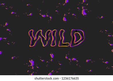 Vector illustration with sign. Psychedelic lettering of Wild on gray background with decorative elements.