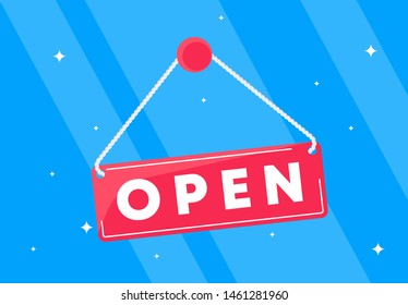 Vector illustration of a sign in a shop with the inscription open