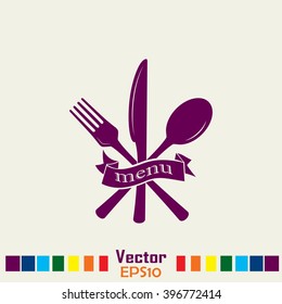 signo de ilustración vectorial con cuchara, tenedor y cuchillo.Carta de menú.