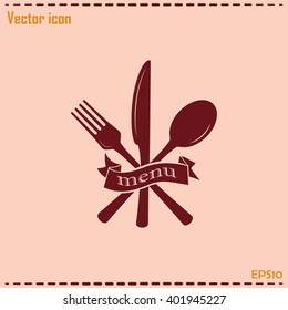 vector illustration sign with spoon, fork and knife.Menu card.