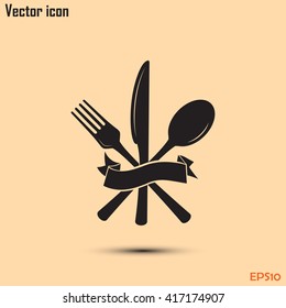 vector illustration sign with spoon, fork and knife.Menu card.