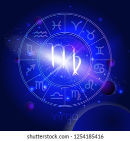 Vector illustration of sign VIRGO with Horoscope circle against the space background with planets and stars. Sacred symbols in blue colors.