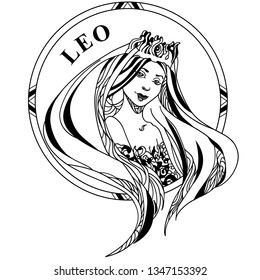 Vector illustration of sign zodiac Leo. Beautiful girl with long hair and crown in round frame. Line art. Design for tattoo.