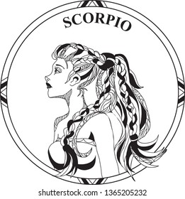 Vector illustration of sign zodiac Scorpio. Beautiful girl with braid hair in round frame. Line art. Design for tattoo.