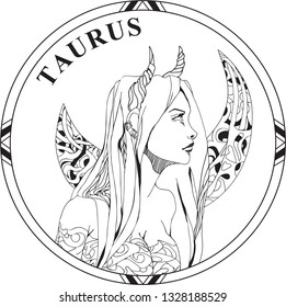 Vector illustration of sign zodiac Taurus. Girl face with long hair and horns in round frame. Line art. Design for tattoo.
