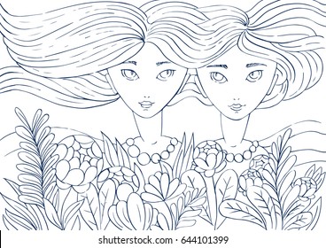 Vector illustration sign of the zodiac twins. Portrait of a girls. Beautiful landscape, a background of a field with girl and flowers. Suitable for magazines and columns in publications