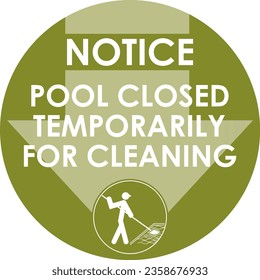 texto de señalización de ilustración vectorial: piscina cerrada temporalmente por limpieza con un icono de hombre limpiando el estanque de agua que maneja con herramientas de limpieza. listo para imprimir para hotel, villa, resort, universidad, parque acuático