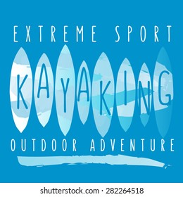 vector illustration with signature "extreme sport kayaking outdoor adventures" in flat design style on textured background as a template for print or design