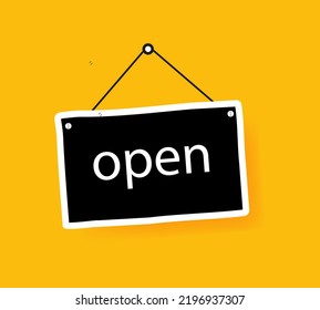 Vector illustration of signboard for the door on a thread on a yellow background. Open text. The establishment is open. Vector line icon for Business and Advertising