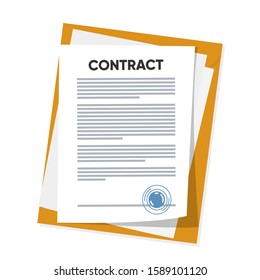 Vector illustration of signed business contract, agreement icon with round stamps on clipboard with golden, red pen. Paper deal