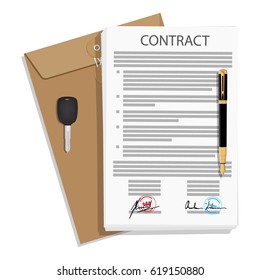 Vector illustration of signed business contract or agreement , brown envelope and car key icon.  Paper deal. Vehicle sale contract concept