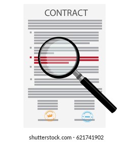 Vector illustration of signed business contract, agreement icon with round stamps and magnifying glass. Paper deal 