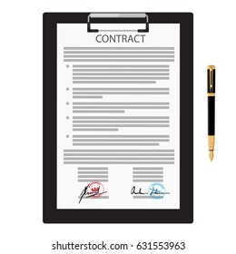 Vector illustration of signed business contract, agreement icon with round stamps on clipboard with golden, red pen. Paper deal 