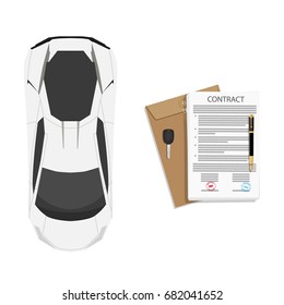Vector illustration of signed business contract or agreement , brown envelope, white sport car and car key icon.  Paper deal. Vehicle sale contract concept